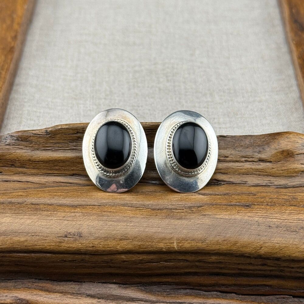 Vintage Signed A. Martinez Sterling Silver Black Onyx Oval Clip-on Earrings